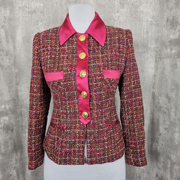 Ruty Paris Made in France Bouclé Tweed Blazer Pink Satin Trim Gold‎ Buttons 44 - Picture 2 of 15